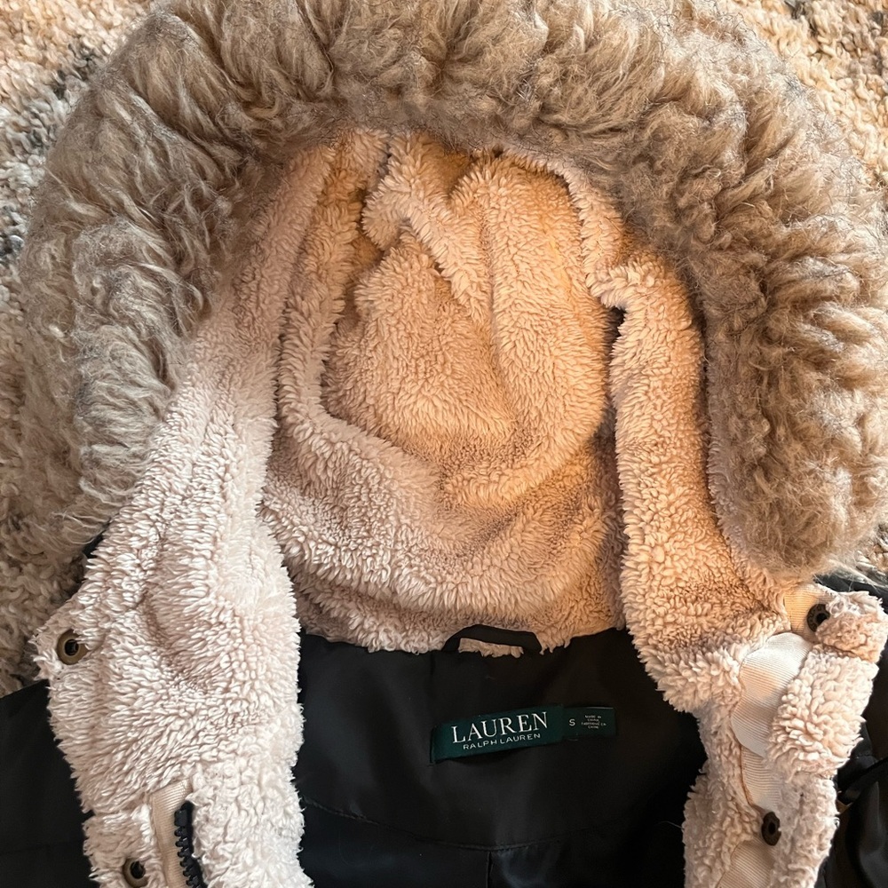 Lauren Ralph Lauren down feather Black Puffer Coat with Cream Hood size small - Picture 5 of 8